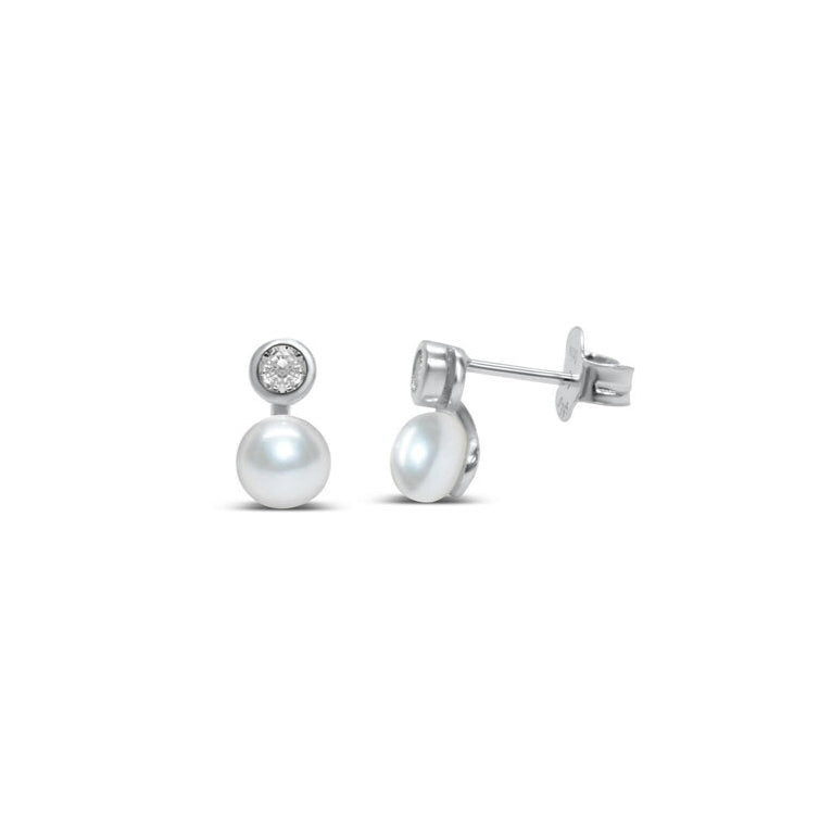 Tweens + Teens Earrings: Tiny White Pearl + Crystal Stud Silver Studs - Freshie & Zero Studio Shop