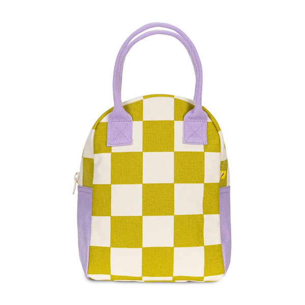 Checker Pear Lunch Bag by Fluf, a reusable fabric bag with a green and white checkered pattern for kids' lunches.