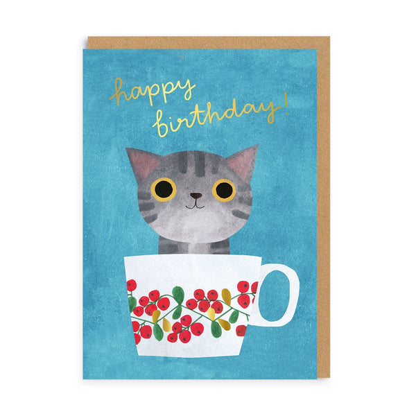Cute kitten-themed teacup birthday greeting card from Ohh Deer with colorful floral design and whimsical illustration.