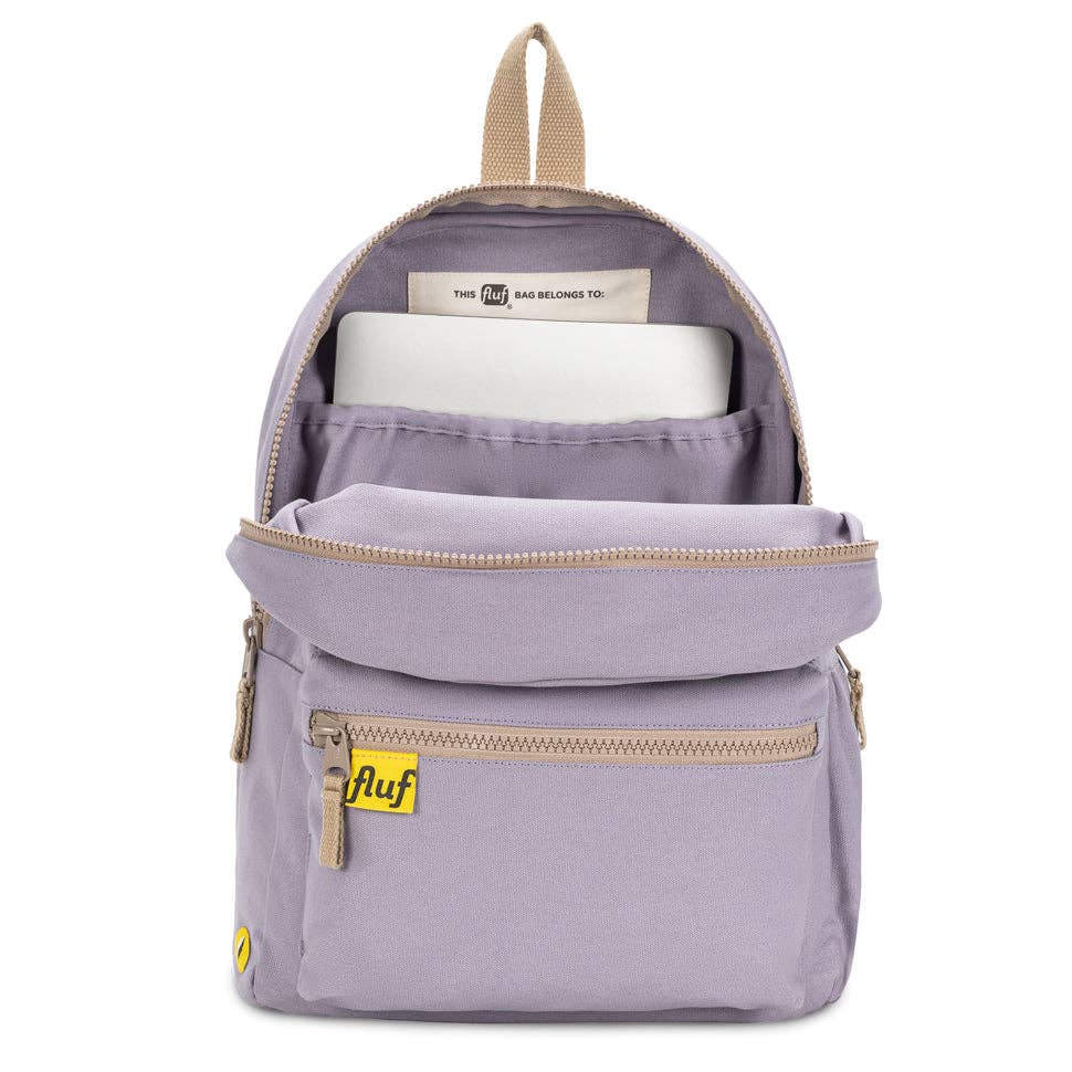 Organic cotton lavender backpack by Fluf with adjustable straps and front pocket, showcasing eco-friendly bag design.