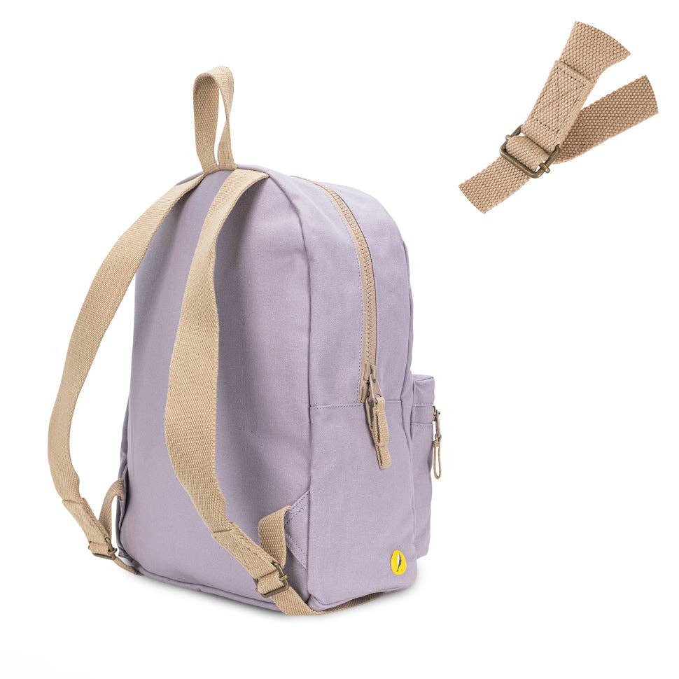 Organic cotton lavender backpack by Fluf with adjustable straps and spacious main compartment, suitable for everyday use.