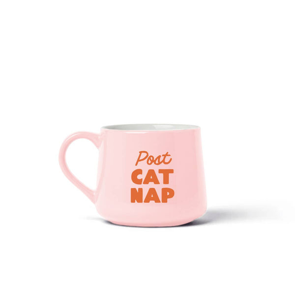 Post Cat Nap ceramic coffee mug by Ruff House Print Shop featuring a cozy cat design on a white mug.