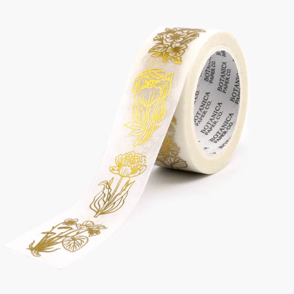 Golden Botanicals Washi Tape by Botanica Paper Co. featuring botanical pattern with gold accents, perfect for craft and decoration projects.