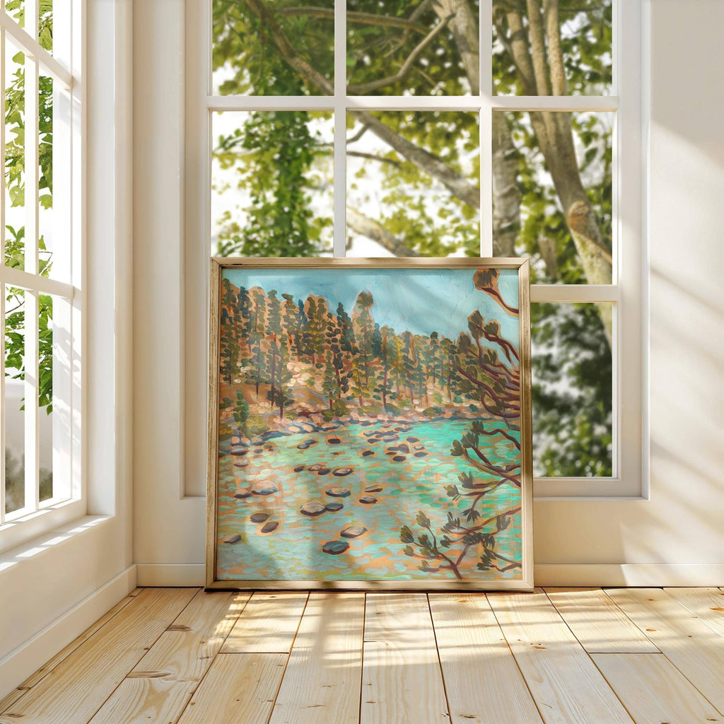 Lake Tahoe art print by El Baker Art, 14x14 poster featuring a scenic lakeside landscape with mountains and trees.