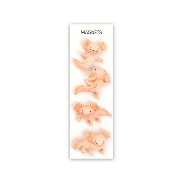 Set of four Axolotl Mighties® magnets from Three by Three Seattle, featuring colorful, whimsical axolotl designs for home decor.