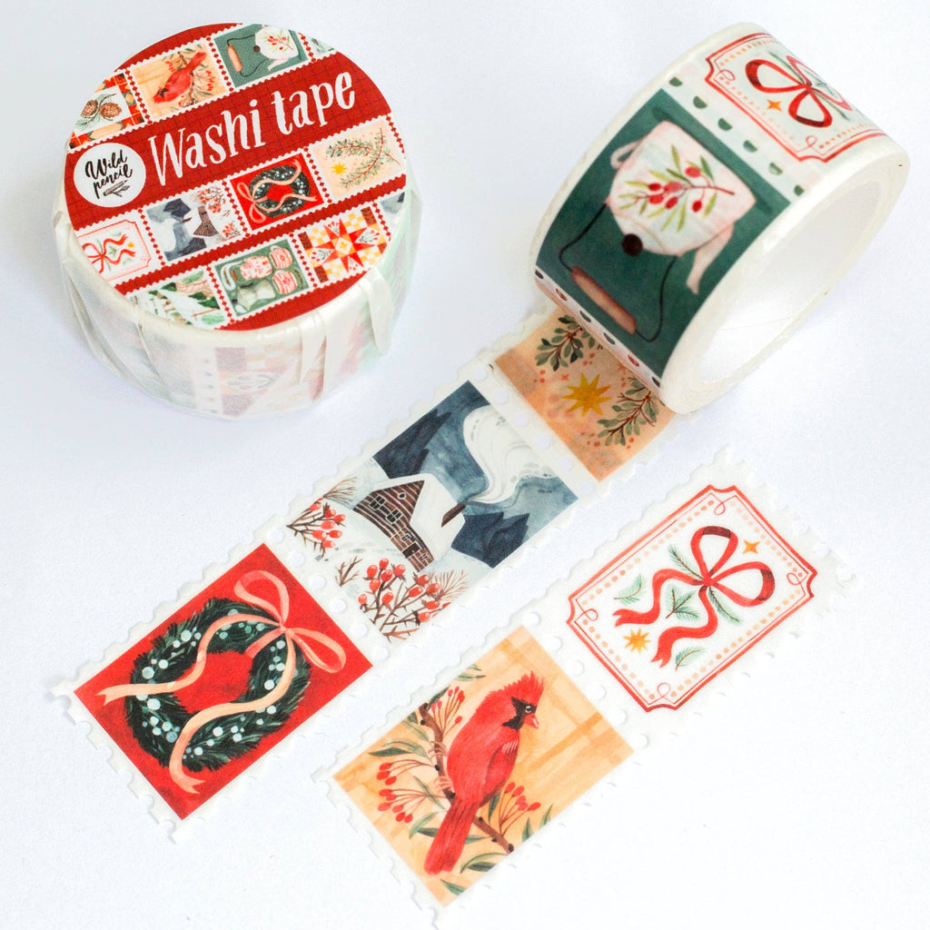 Washi tape featuring Christmas stamps design by Wild Pencil Studio, colorful decorative tape for holiday craft projects.