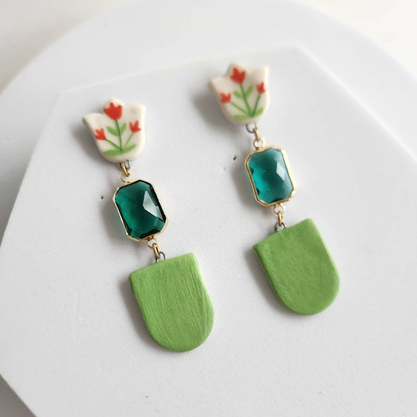 Tulip Porcelain + Green Glass Handmade Statement Earrings - Freshie & Zero Studio Shop