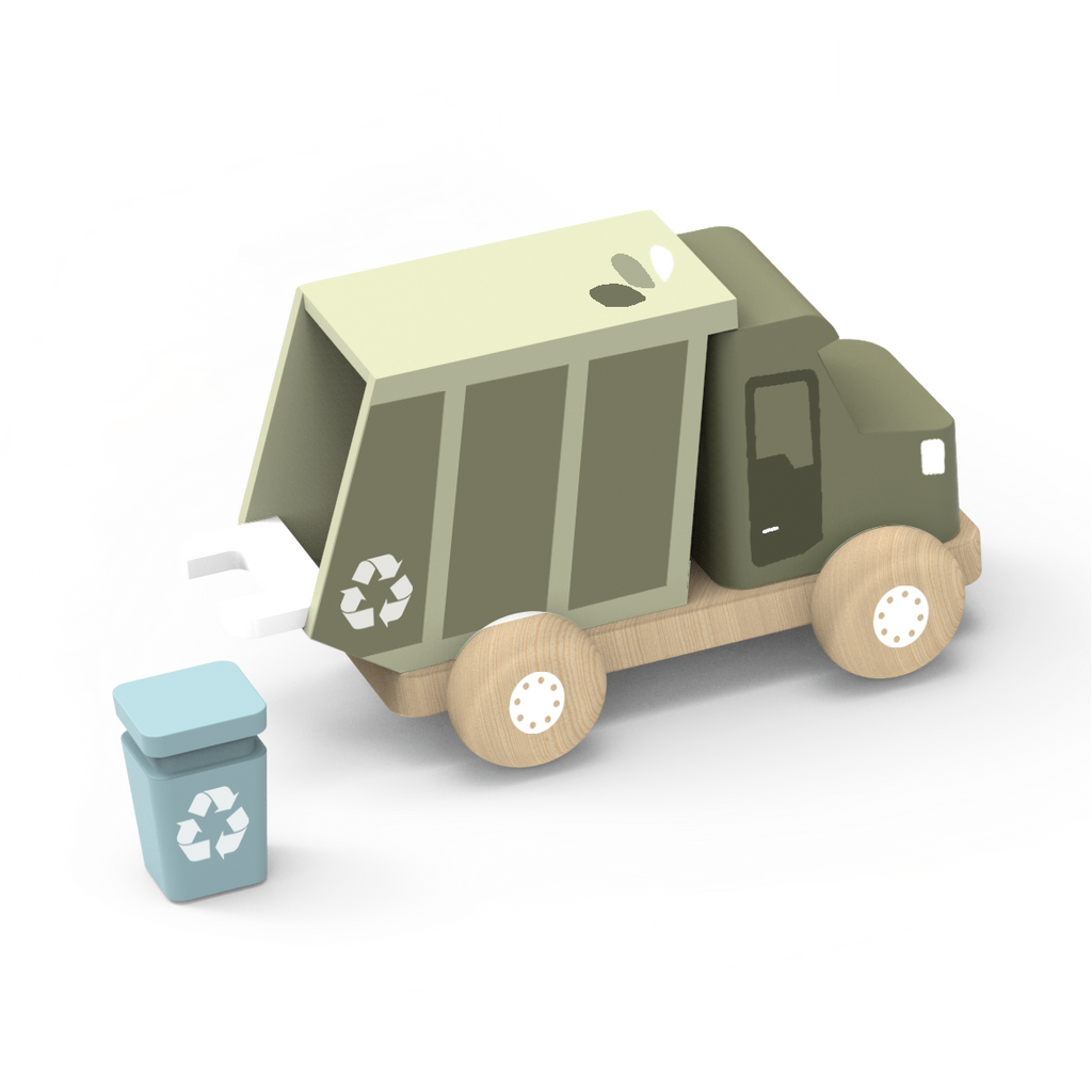 Wooden garbage truck toy by Speedy Monkey, colorful toy vehicle with moving parts for kids' play and imaginative fun.