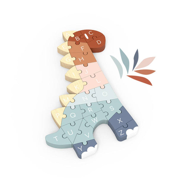 Wooden ABC Dino Puzzle by Speedy Monkey featuring colorful dinosaur-shaped puzzle pieces on a wooden surface.