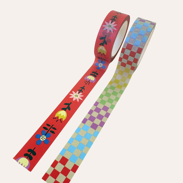 Set of two Folk Flowers and Checkers Washi Tapes by Rainbow Vision LLC with colorful floral and checkered patterns.