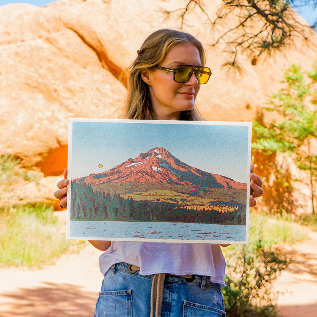 Mt. Hood art print by Caroline Clark, horizontal landscape artwork featuring Oregon’s Mount Hood and surrounding scenery