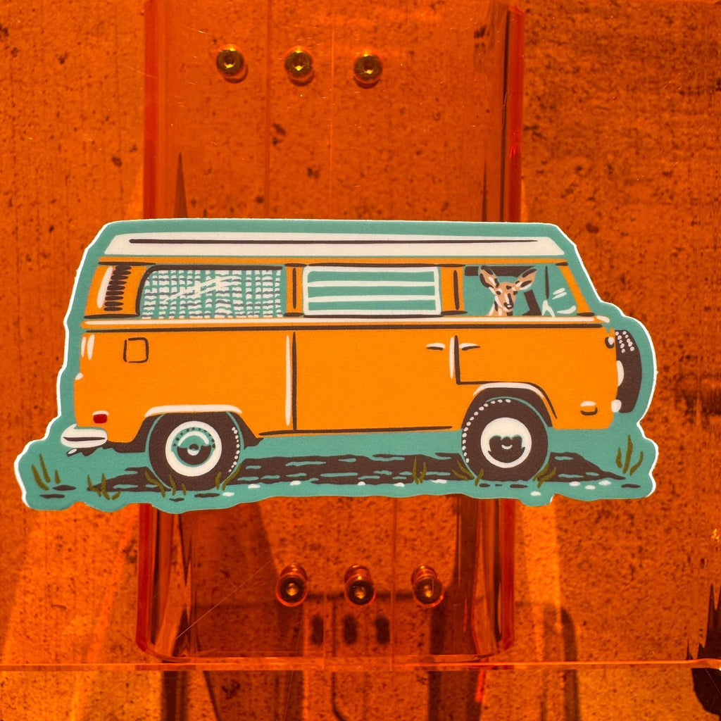 Caroline Clark Classic Camper Van Sticker featuring a colorful vintage camper van illustration