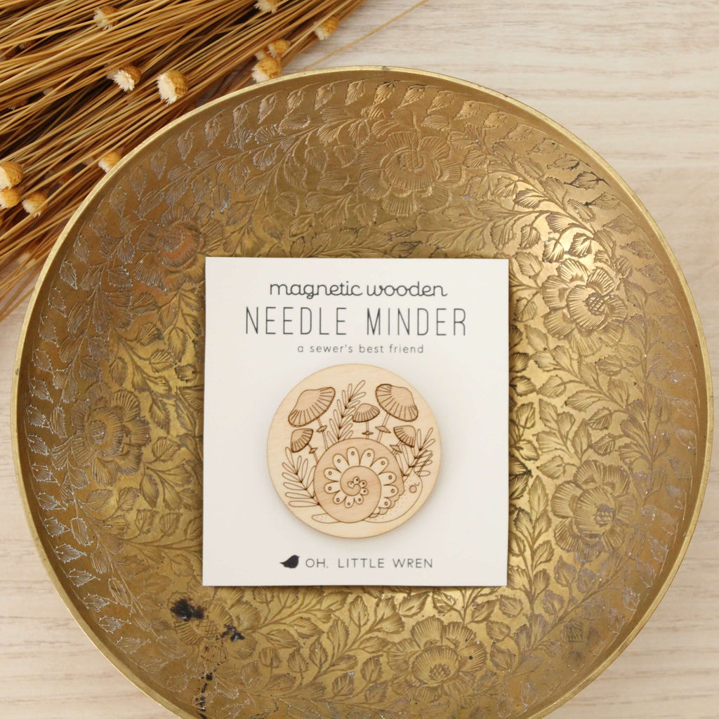 Magnetic Wooden Needle Minder: Snail + Mushrooms - Freshie & Zero Studio Shop