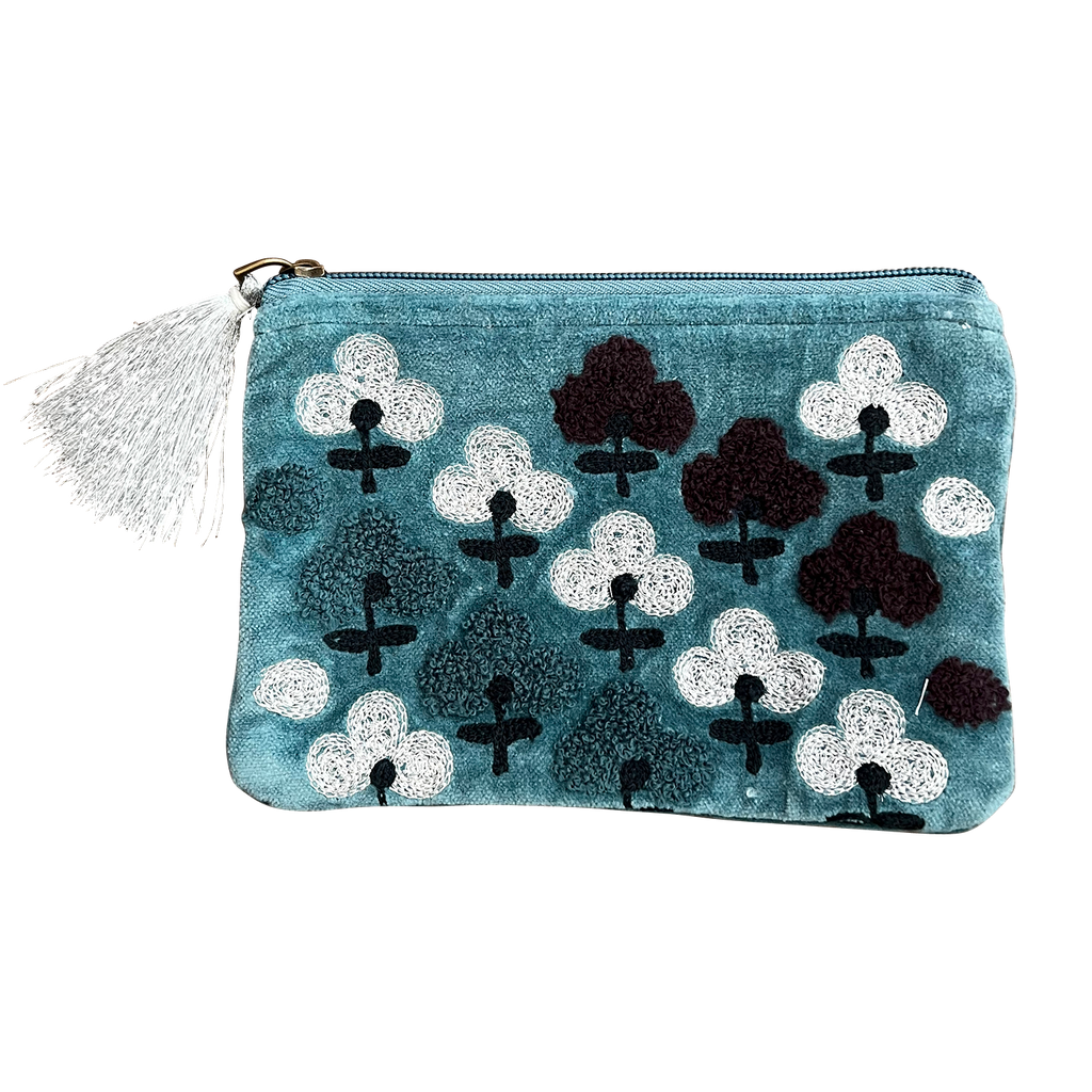 Blue Flowers Embroidered Cotton Velvet Coin Purse - Freshie & Zero Studio Shop
