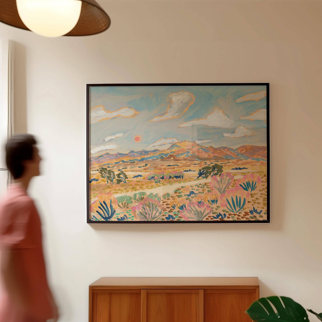 Pastel desert landscape art print by El Baker Art, 8x10 poster featuring soft colors and scenic desert view.