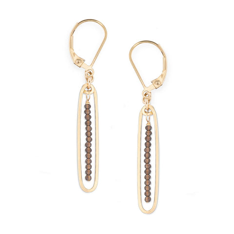 Freshie & Zero lyric earrings featuring smoky quartz stones with delicate metal hooks and elegant, minimalist design.