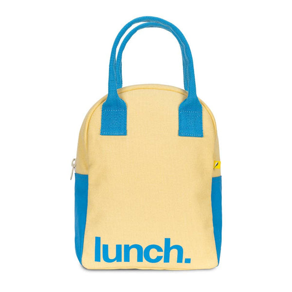 Butter Blue Classic Lunch Bag by Fluf featuring a soft blue fabric with a zipper closure and compact design for easy carrying.