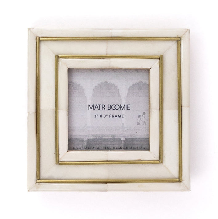 Ivory Carved Bone & Brass Inlay 3x3 Picture Frame
