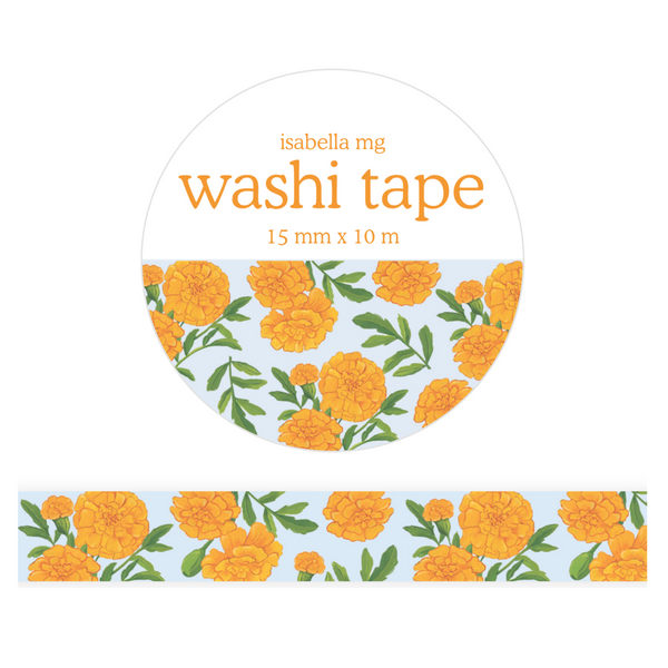 Decorative Marigold Blooms Washi Tape by Isabella MG featuring vibrant marigold flower patterns on beige tape.