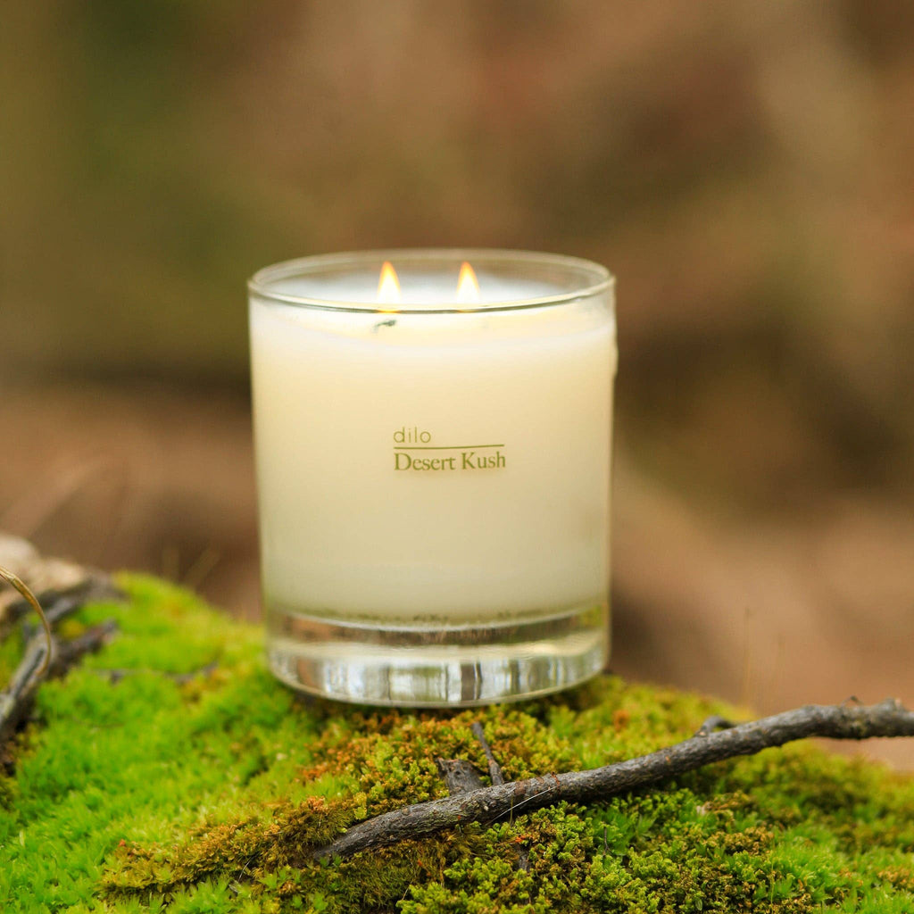 Dilo Desert Kush Candle in a glass jar with a natural wick, designed for candles and incense use.