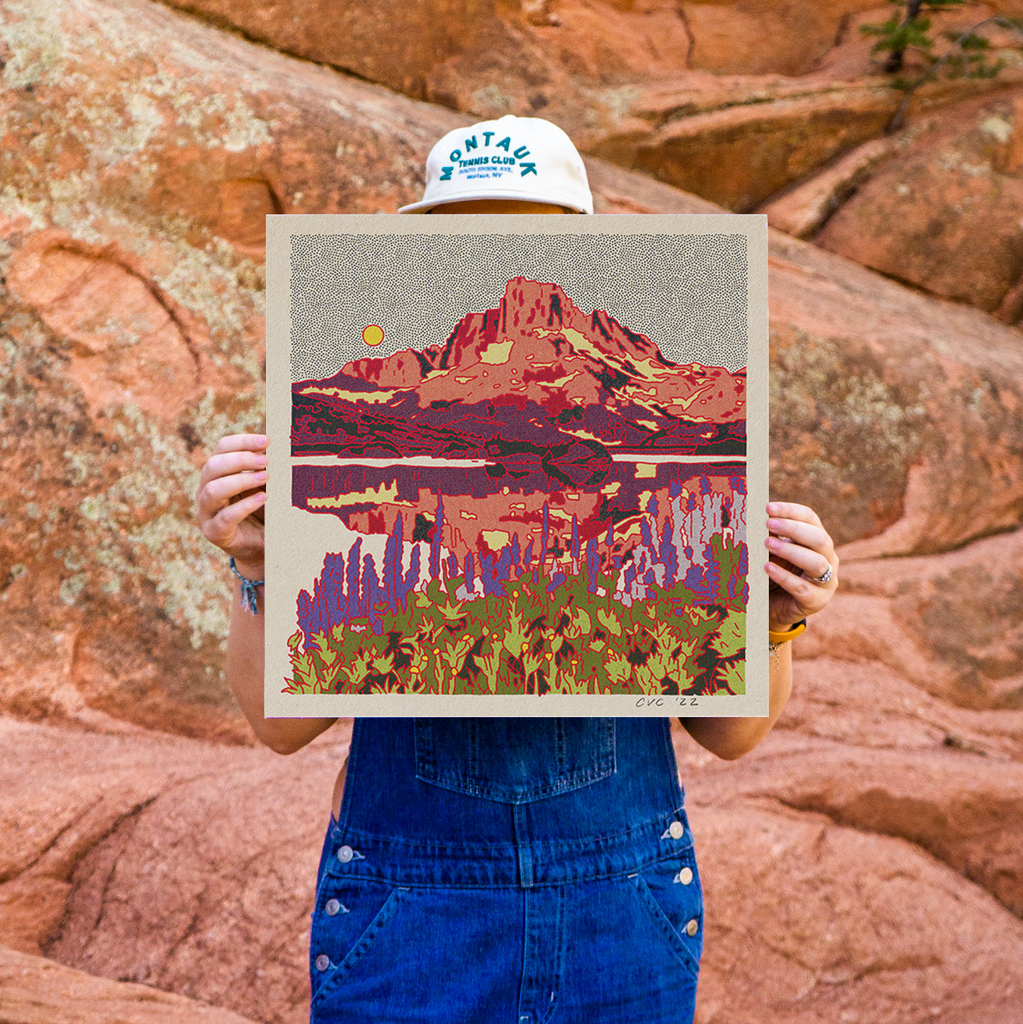 Banner Peak Art Print by Caroline Clark featuring a scenic mountain landscape in muted tones