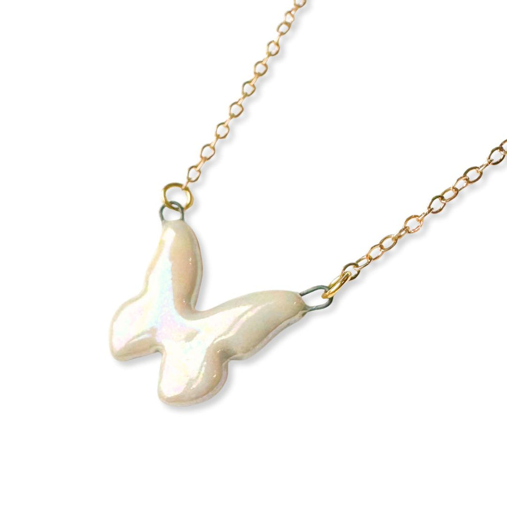 Butterfly Handmade Porcelain Necklace Iridescent White - Freshie & Zero Studio Shop