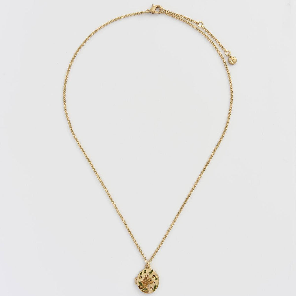 Fable England Fox & Acorn vintage-style enamel locket necklace with intricate detailing and antique finish.