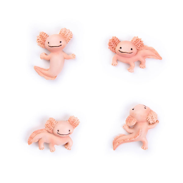 Set of four Axolotl Mighties® magnets featuring colorful, cute axolotl designs, perfect as fun home accessories.
