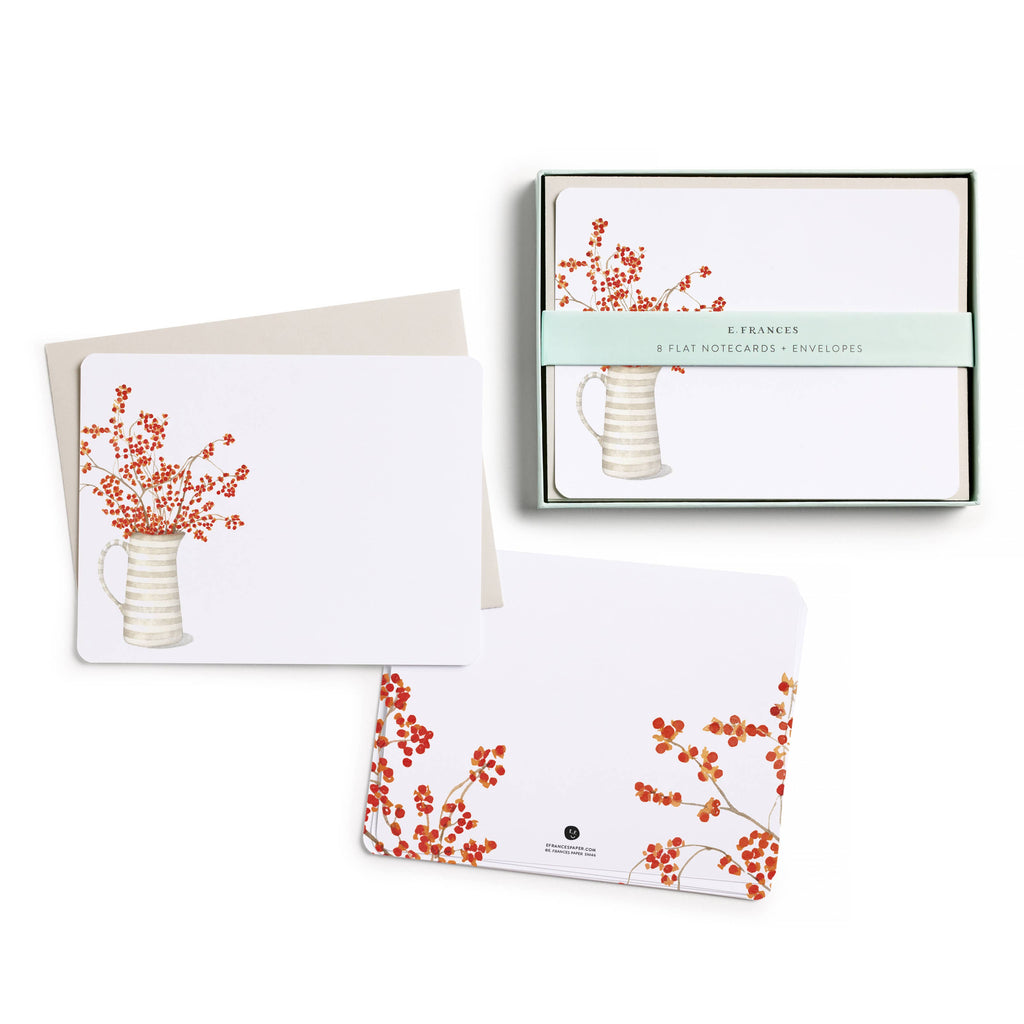 Set of 8 Autumn Berry Pitcher greeting notecards by E. Frances Paper, featuring floral illustrations on high-quality stationery.