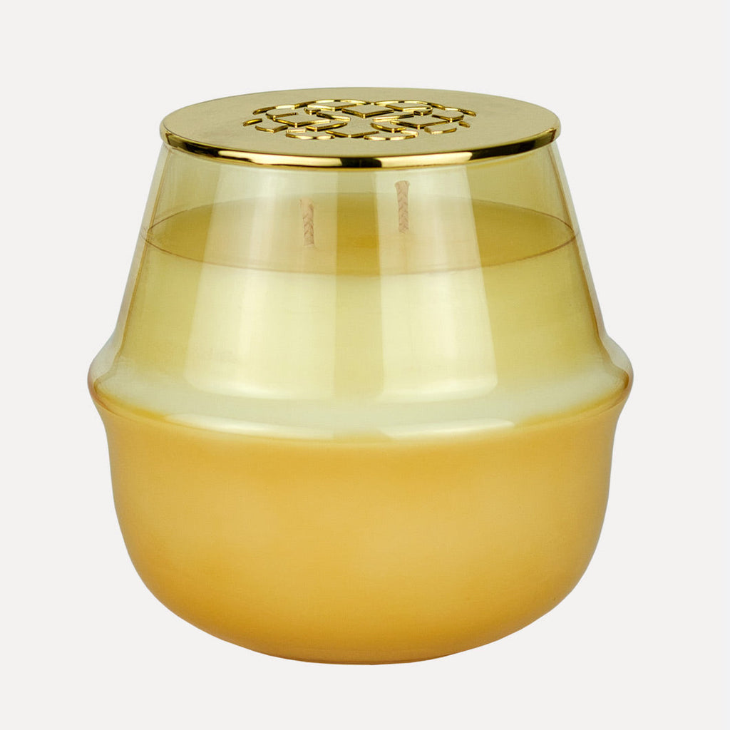 Elum Designs Golden Basil & Mint 18 oz Rowan Glass Candle with fresh herbs scent in clear glass container