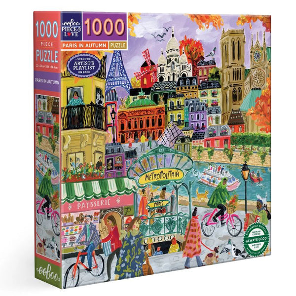eeboo Paris in Autumn 1000-piece puzzle depicting fall scenes with colorful leaves and cityscape artwork.