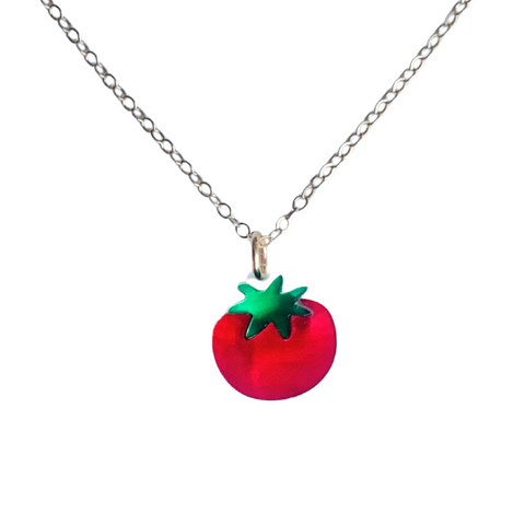 Dainty tomato-shaped necklace by Elise Design Company, sterling silver chain with small red tomato charm, elegant jewelry accessory.