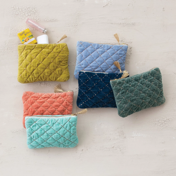 Quilted Cotton Velvet Zip Pouch w/ Metallic Thread Embroidery & Tassel - Freshie & Zero Studio Shop
