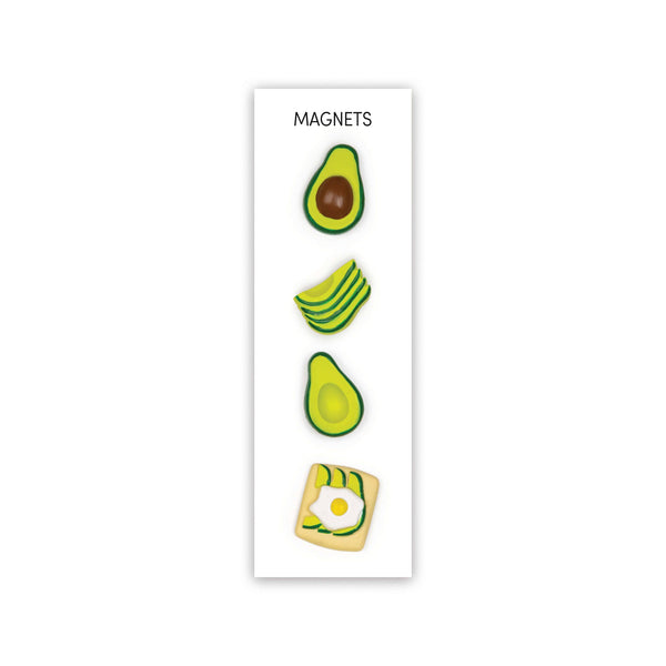 Set of four Avocado Mighties® magnets by Three by Three Seattle, colorful home accessories with avocado character designs.