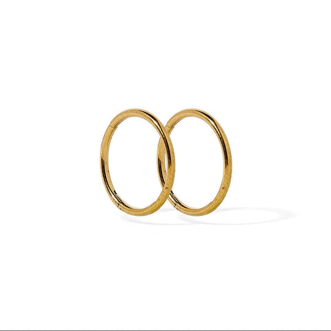 Small 12mm Ava Gold Huggie Infinity Hoop Earrings by Linny Co, featuring sleek gold infinity design on shiny hoops