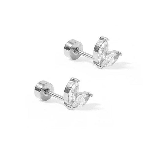 Silver flatback waterproof stud earrings by Linny Co with sparkling silver finish and secure post design.