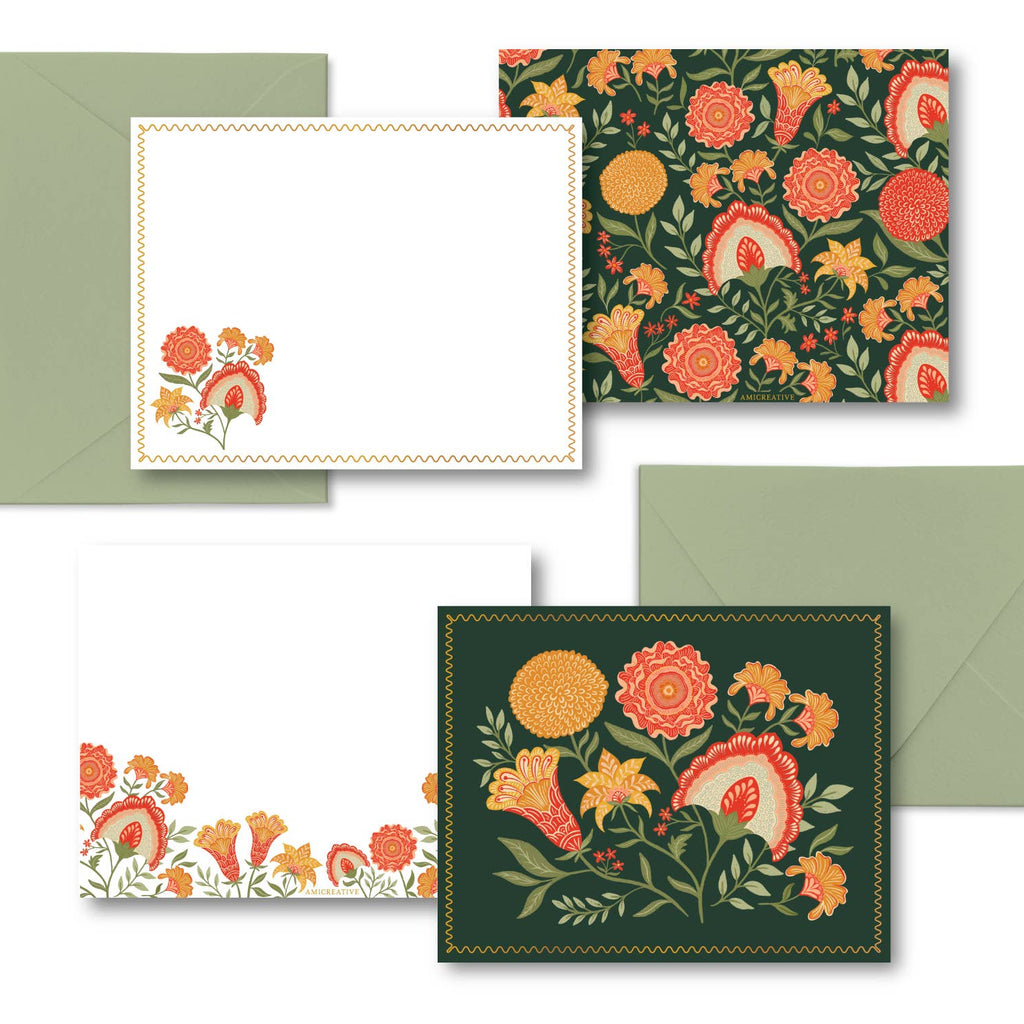 Green Botanical Luxury Stationery Set – 8 Flat Notecards - Freshie & Zero Studio Shop