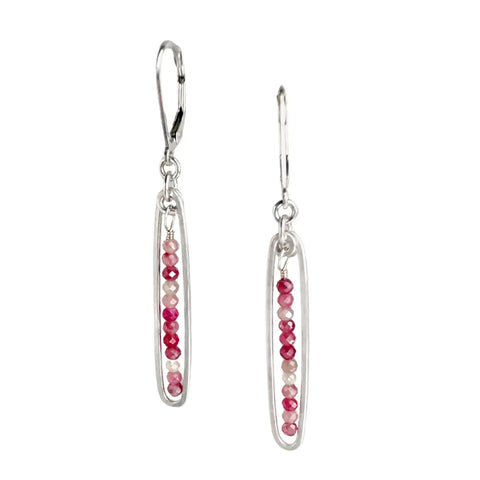 Freshie & Zero lyric earrings featuring strawberry quartz gemstones, delicate dangle earrings with vibrant pink stone accents.