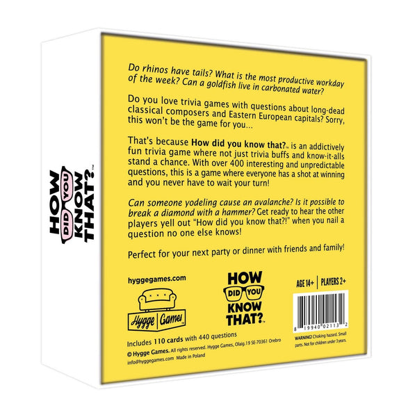 Hygge Games How Did You Know That? trivia game box with colorful question card design