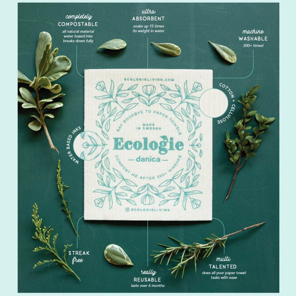 Product packaging with 'Ecologie danica' branding surrounded by green leaves on a teal background