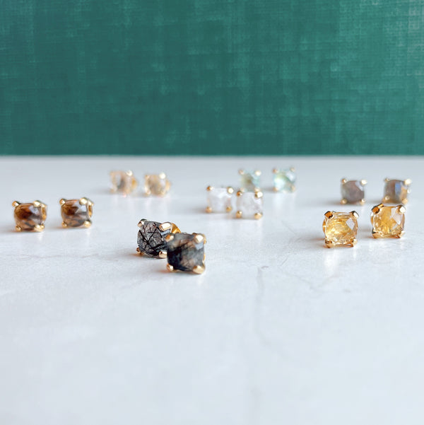 Gemstone Cushion Stud Earrings: Rutilated quartz - Freshie & Zero Studio Shop
