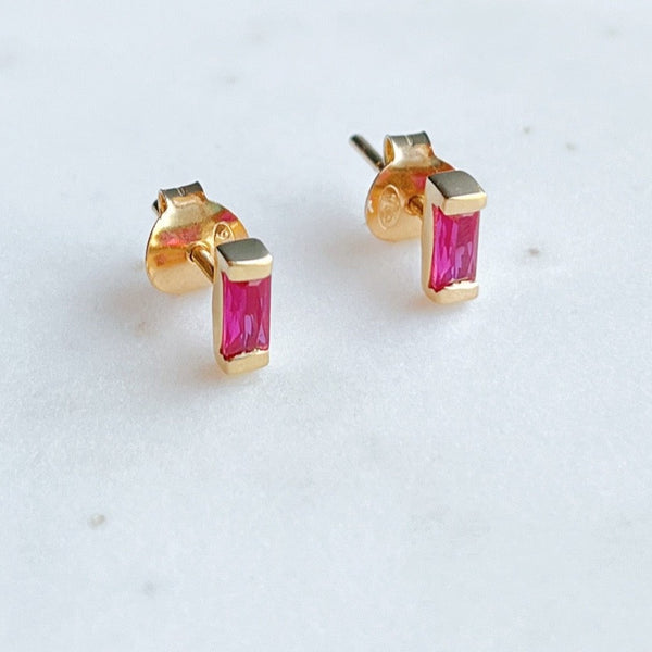 Gold Baguette Stone Stud Earrings: Ruby - Freshie & Zero Studio Shop
