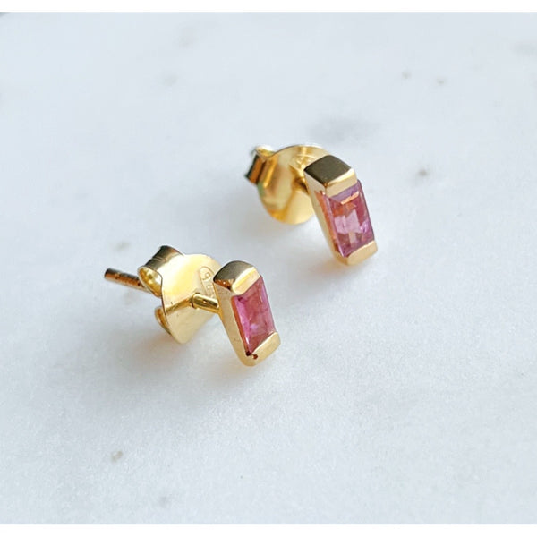 Gold Baguette Stone Stud Earrings: Mystic Pink Topaz - Freshie & Zero Studio Shop