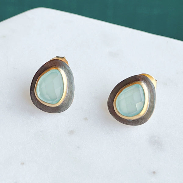 Black & Gold Teardrop Stud Earrings: Blue Chalcedony - Freshie & Zero Studio Shop