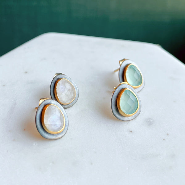 Black & Gold Teardrop Stud Earrings: Blue Chalcedony - Freshie & Zero Studio Shop