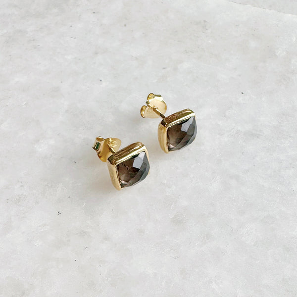 Square Gold Gemstone Stud Earrings: Smoky Quartz - Freshie & Zero Studio Shop