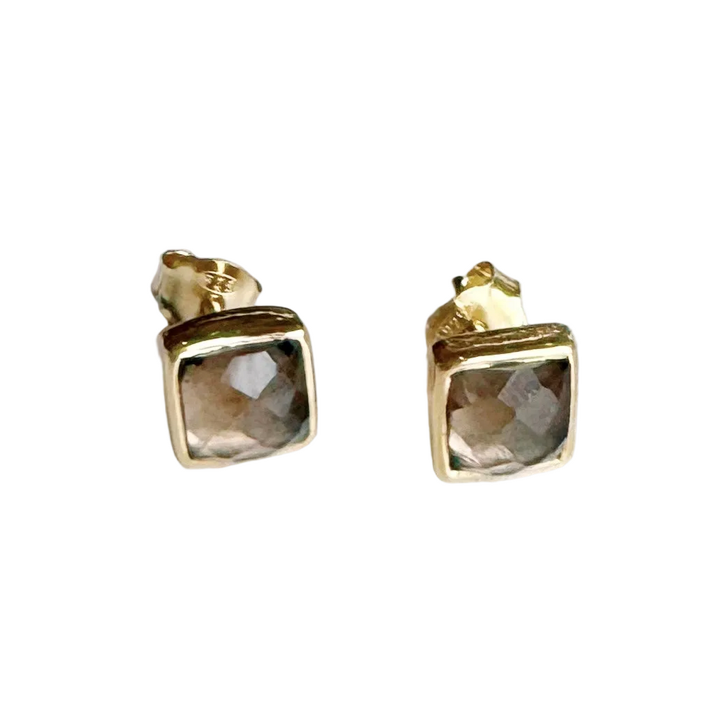 Square Gold Gemstone Stud Earrings: Smoky Quartz - Freshie & Zero Studio Shop