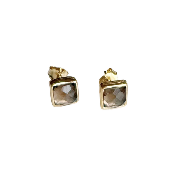 Square Gold Gemstone Stud Earrings: Smoky Quartz - Freshie & Zero Studio Shop