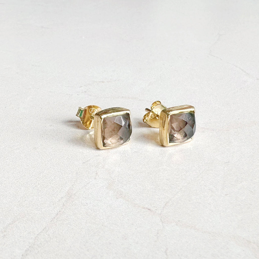 Square Gold Gemstone Stud Earrings: Smoky Quartz - Freshie & Zero Studio Shop