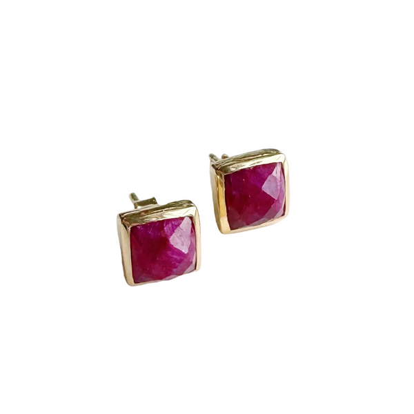 Square Gold Gemstone Stud Earrings: Ruby - Freshie & Zero Studio Shop